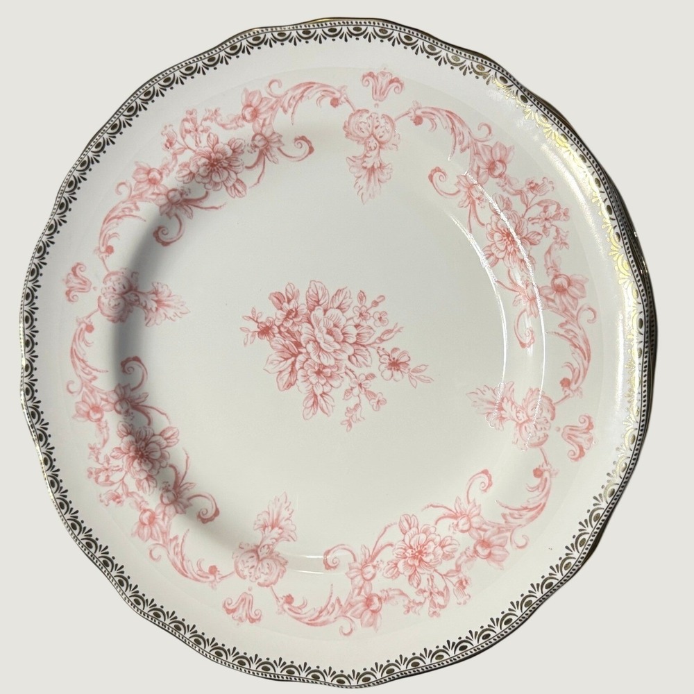 222 Fifth Dinner Plates 10.75in Pink Gold Genevieve Porcelain Set of 4 Victorian